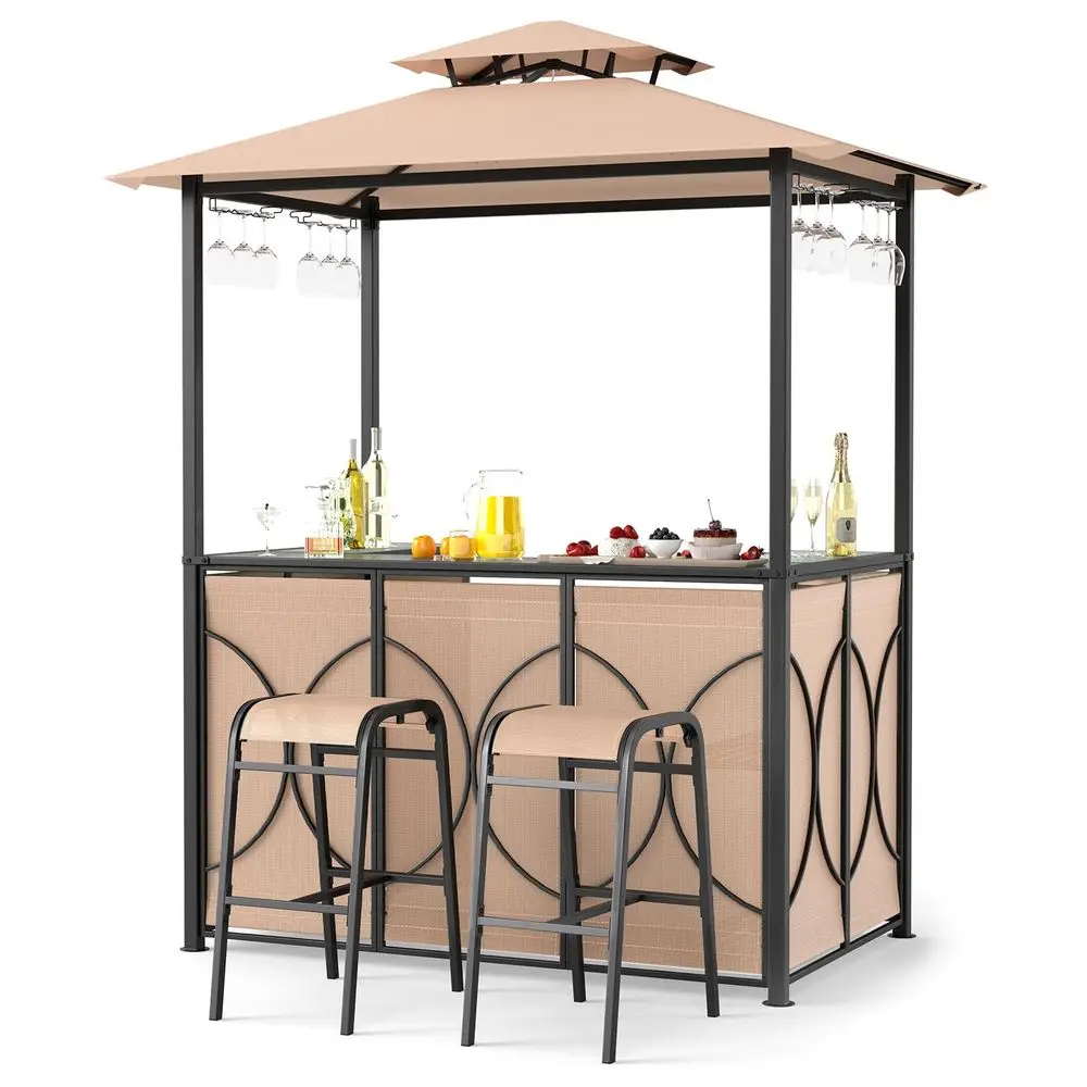 3Piece Patio Bar Set, Grill Gazebo amp 2 Bar Stools with Tempered Glass Bar Table, Metal Storage Shelves, Glass Holders, Double
3Piece Patio Bar Set, Grill Gazebo amp 2 Bar Stools with Tempered Glass Bar Table, Metal Storage Shelves, Glass Holders, Double