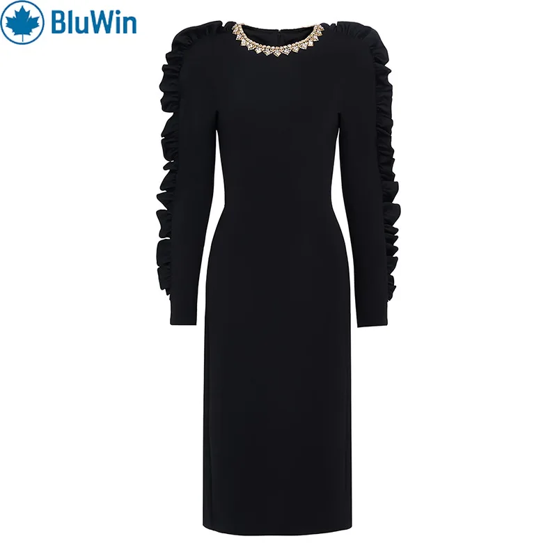 BluWin Elegant Black Midi Dress Women Long Sleeve Ruched Sleeve Beaded Neck Slim Fit Evening Party
BluWin Elegant Black Midi Dress Women Long Sleeve Ruched Sleeve Beaded Neck Slim Fit Evening Party
