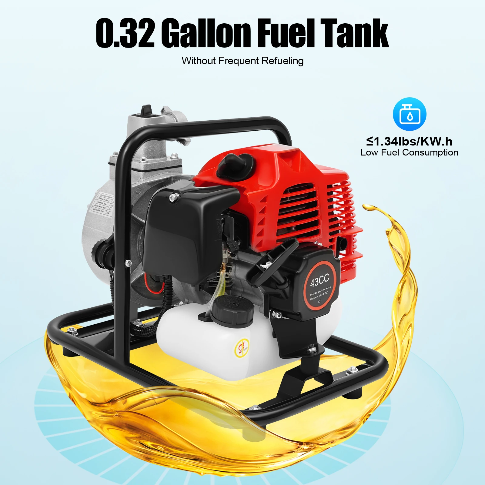 1.25KW Gasoline Engine Water Pump, 2-stroke Engine Water Pump, 43CC Water Transfer Pump, for Irrigation, Landscaping
1.25KW Gasoline Engine Water Pump, 2-stroke Engine Water Pump, 43CC Water Transfer Pump, for Irrigation, Landscaping