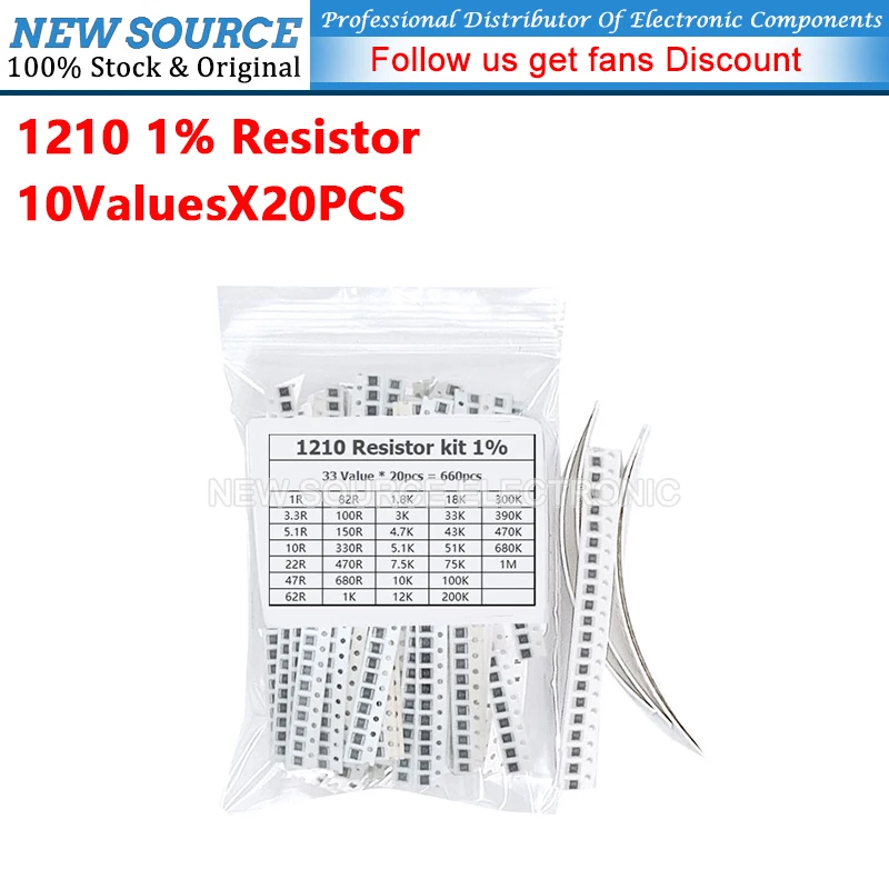 (660pcs) 1210 SMD Resistor 1% R 10R 100R 1K 10K 100K 1M 4.7R 5.1K 220R 47K 2.2R 2.2K Ohm Assorted Kit 33ValuesX20PCS
(660pcs) 1210 SMD Resistor 1% R 10R 100R 1K 10K 100K 1M 4.7R 5.1K 220R 47K 2.2R 2.2K Ohm Assorted Kit 33ValuesX20PCS