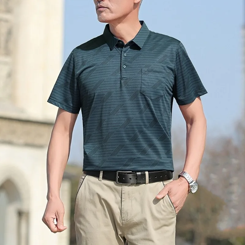 Summer Solid Color Striped Pullover Men's Short Sleeve Pockets Turn-down Collar T-shirt England Style Boyfriend Business Tops
Summer Solid Color Striped Pullover Men's Short Sleeve Pockets Turn-down Collar T-shirt England Style Boyfriend Business Tops