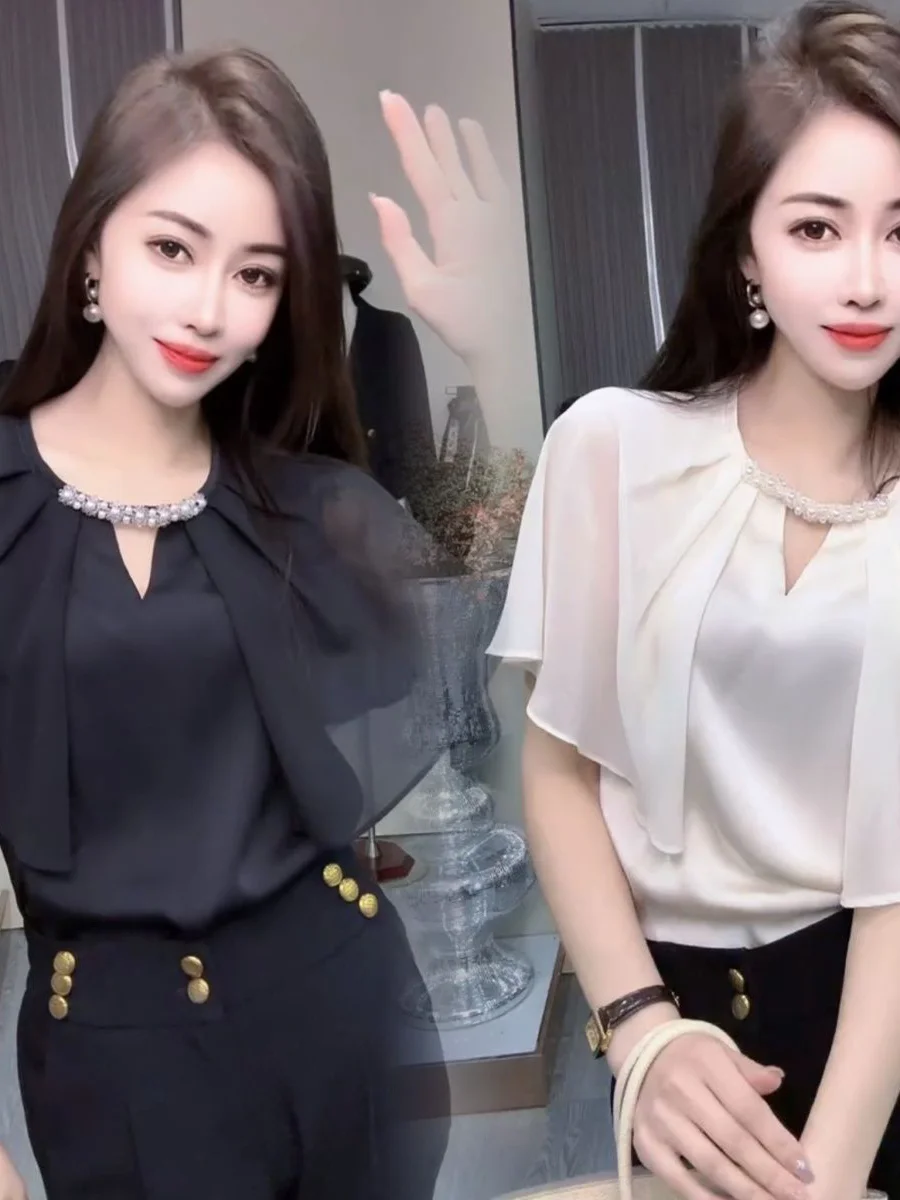 Elegant Fashionable Heavy Embellished Chiffon Splice Pearl Sleeve Covering Top Straight Cut Batwing Sleeve round Neck Spring
Elegant Fashionable Heavy Embellished Chiffon Splice Pearl Sleeve Covering Top Straight Cut Batwing Sleeve round Neck Spring