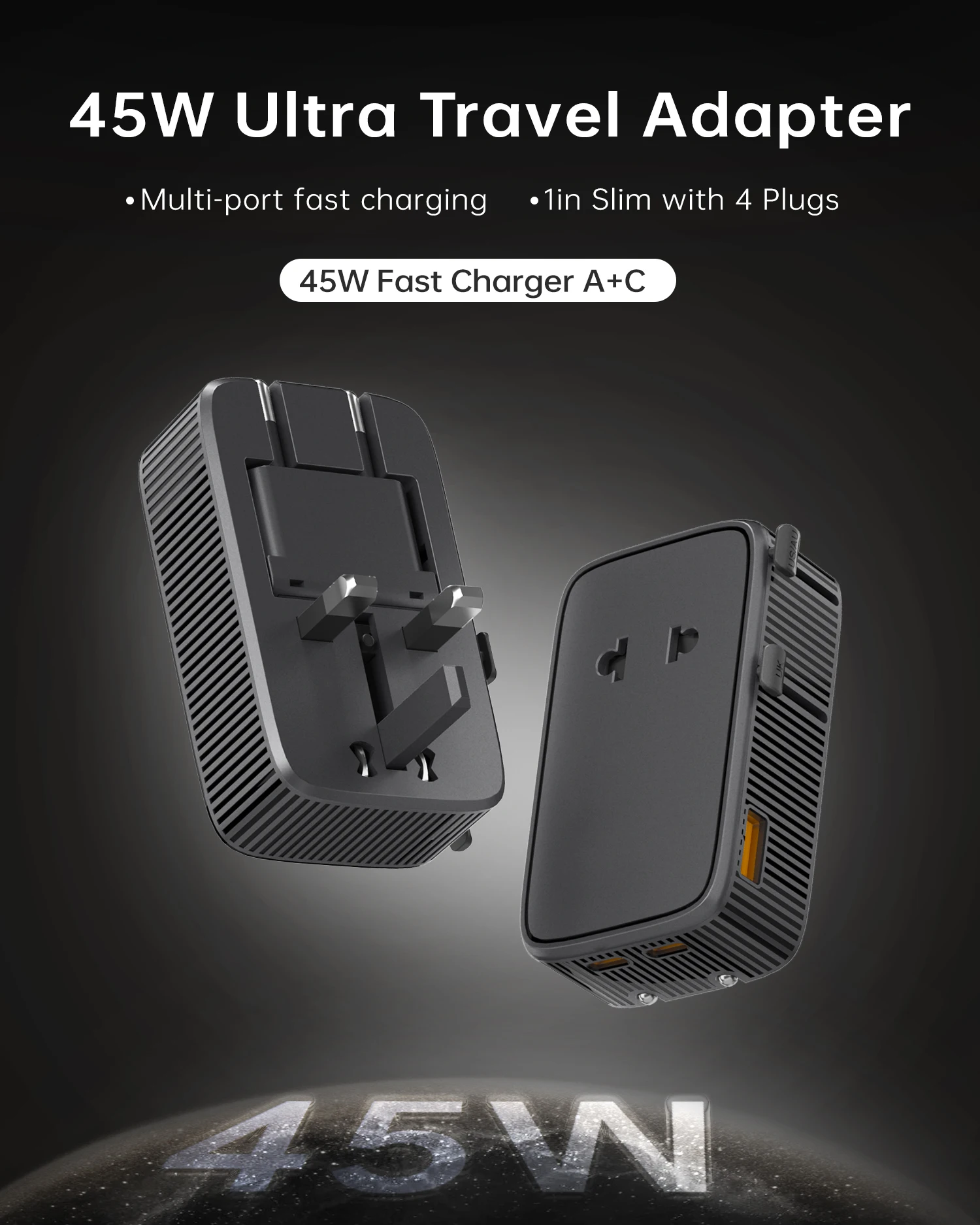 45W adapter Universal AC power Charger with dual USB charging ports, universal travel plugs and sockets, EU-US AC power adapter
45W adapter Universal AC power Charger with dual USB charging ports, universal travel plugs and sockets, EU-US AC power adapter
