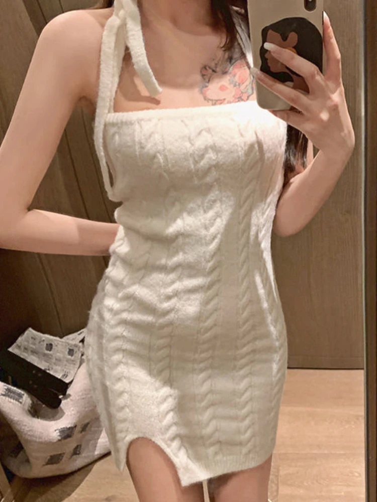 White Sexy Fashion Backless Dress Women Hang Neck Elegant Designer Dress Female Casual Vintage Knitted Dress 2023 Autumn New
White Sexy Fashion Backless Dress Women Hang Neck Elegant Designer Dress Female Casual Vintage Knitted Dress 2023 Autumn New