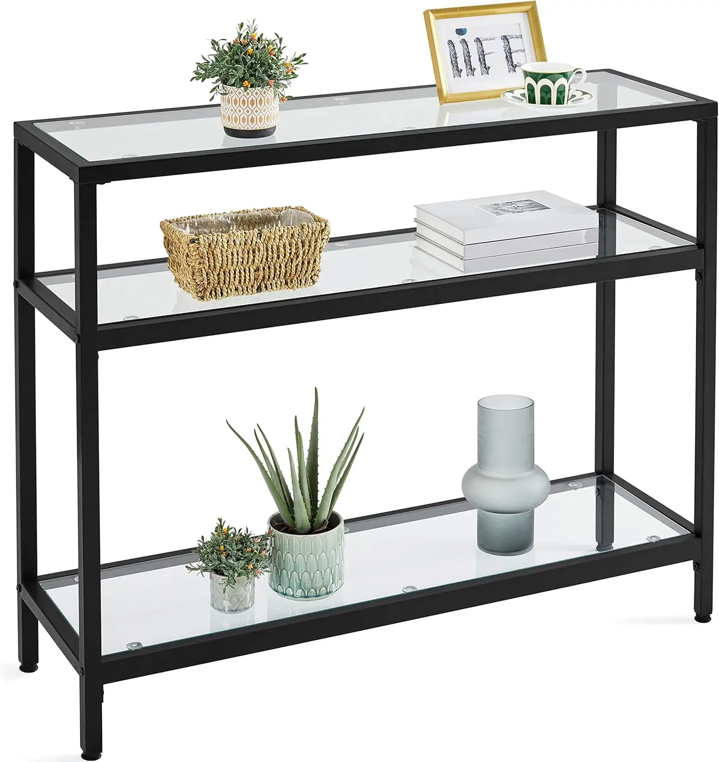 Modern Console Table with 3 Glass Shelves, 39.5" Entryway Table for Living Room, Sturdy Metal Frame, Easy Assembly, Black
Modern Console Table with 3 Glass Shelves, 39.5" Entryway Table for Living Room, Sturdy Metal Frame, Easy Assembly, Black