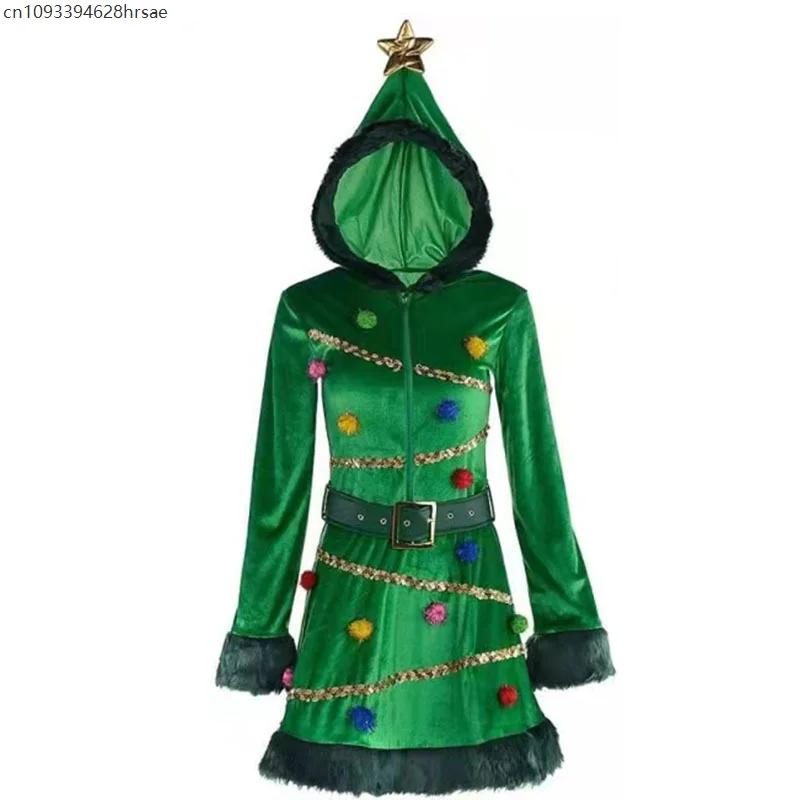Women Christmas Tree Green Dress Adult Hooded Sequin Fancy Costume with Belt Pom-pom Christmas Costumes Halloween Carnival Party
Women Christmas Tree Green Dress Adult Hooded Sequin Fancy Costume with Belt Pom-pom Christmas Costumes Halloween Carnival Party