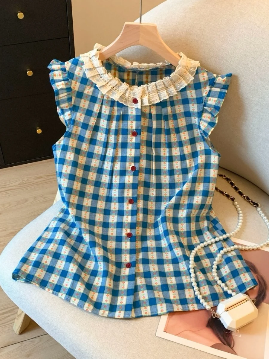 Женская летняя блузка в корейском стиле с коротким рукавом, кружевными вставками и цветочным узором, с рукавами-крылышками и клетчатыми вставками на плечах
Женская летняя блузка в корейском стиле с коротким рукавом, кружевными вставками и цветочным узором, с рукавами-крылышками и клетчатыми вставками на плечах