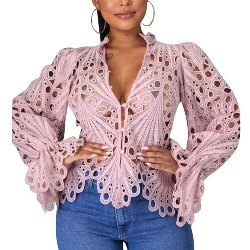Casual Lantern Long Sleeve Stand Collar Shirts Sexy Lace Hollow Out Short Blouse Female Elegant Red/Pink/White Loose Tops 18939
Casual Lantern Long Sleeve Stand Collar Shirts Sexy Lace Hollow Out Short Blouse Female Elegant Red/Pink/White Loose Tops 18939