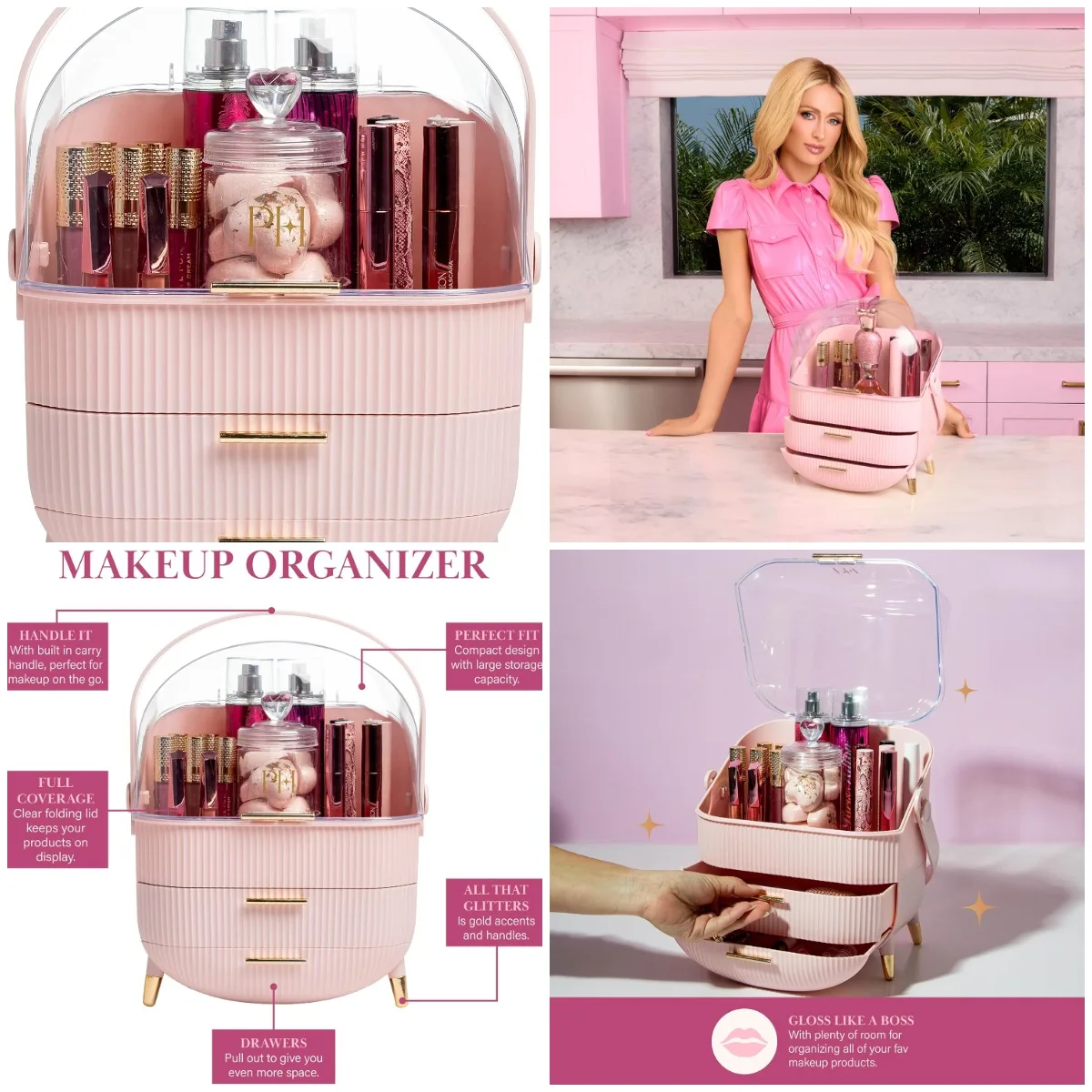 Makeup Storage Organizer with Lid, Cosmetics & Skincare Box, Fluted Design, Gold Accents, Pink
Makeup Storage Organizer with Lid, Cosmetics & Skincare Box, Fluted Design, Gold Accents, Pink