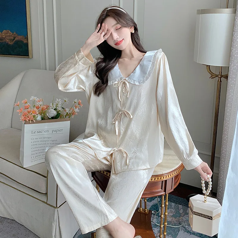 Princess Satin Sleep Set Cardigan Jacquard Pajamas Suit Sweet Doll Collar Top&pants Women Loose Homewear Baggy Nightwear
Princess Satin Sleep Set Cardigan Jacquard Pajamas Suit Sweet Doll Collar Top&pants Women Loose Homewear Baggy Nightwear