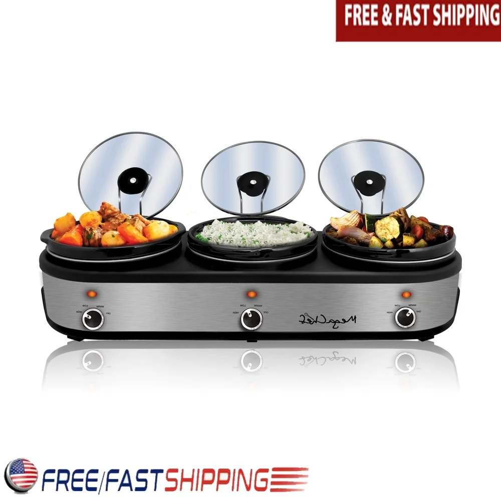 3 Pot 2.5 Qt Slow Cooker Buffet Server with Individual Temperature Control Detachable Lid Rests Anti Slip Feet Easy Serving
3 Pot 2.5 Qt Slow Cooker Buffet Server with Individual Temperature Control Detachable Lid Rests Anti Slip Feet Easy Serving