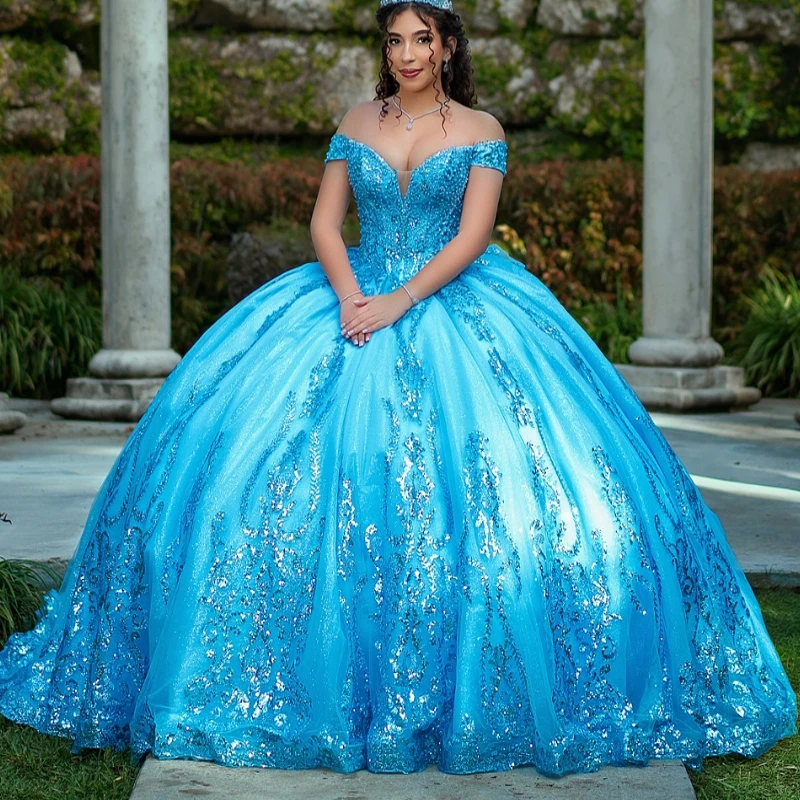 Blue Shiny Quinceanera Dresses Ball Gown Off Shoulder Sequin Appliques Lace Beads Tull Corset Sweet 16 Dress Vestidos 15 De Anos
Blue Shiny Quinceanera Dresses Ball Gown Off Shoulder Sequin Appliques Lace Beads Tull Corset Sweet 16 Dress Vestidos 15 De Anos