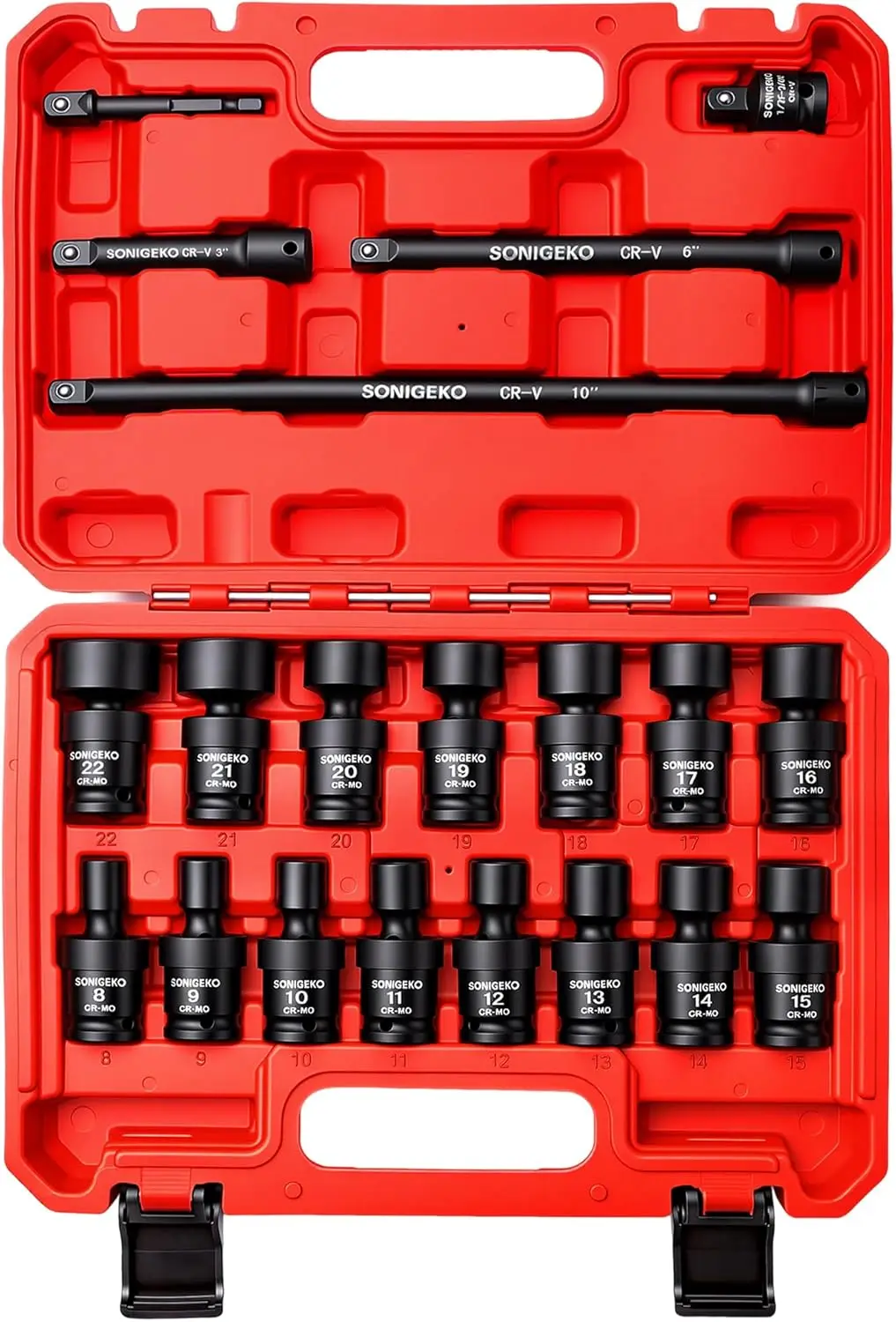 20pc 3/8" Drive Impact Swivel Socket Set, CR-Mo, Metric 8-22mm, 6-Point, with Extensions & Adapters
20pc 3/8" Drive Impact Swivel Socket Set, CR-Mo, Metric 8-22mm, 6-Point, with Extensions & Adapters