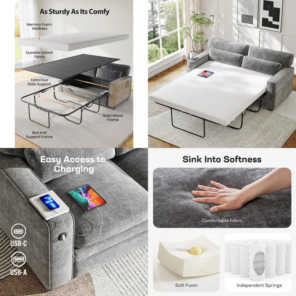 Queen Size Sleeper Sofa with Memory Foam Mattress, 2 USB Ports, Removable Covers, Grey Chenille Fabric
Queen Size Sleeper Sofa with Memory Foam Mattress, 2 USB Ports, Removable Covers, Grey Chenille Fabric