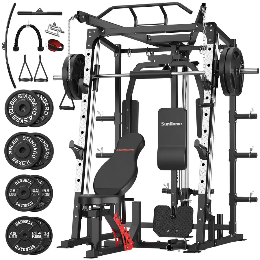 Smith Machine, Power Cage Squat Rack with Smith Bar, LAT PullDown Systems, Cable Crossover Machine and Cable Attachment for Hom
Smith Machine, Power Cage Squat Rack with Smith Bar, LAT PullDown Systems, Cable Crossover Machine and Cable Attachment for Hom