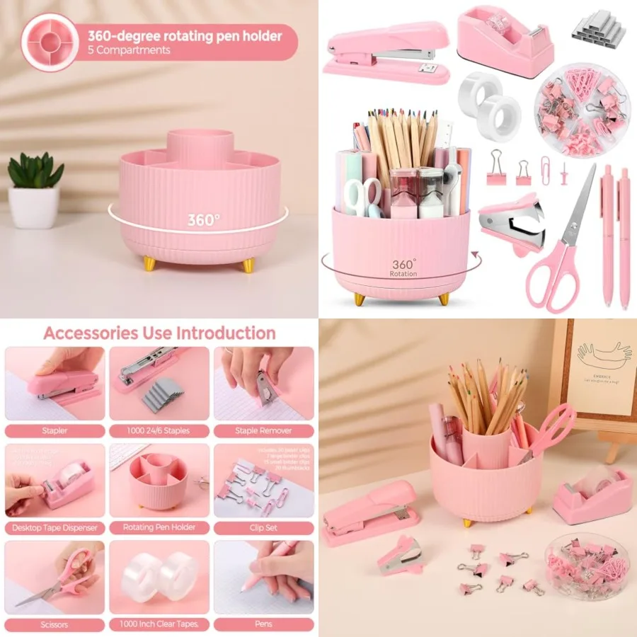 Desk Accessories 10Pcs, Rotating Pen Holder for Desk, Stapler, Staple Remover, Tape Dispenser, 2pcs Tape Refills, Binder Paper
Desk Accessories 10Pcs, Rotating Pen Holder for Desk, Stapler, Staple Remover, Tape Dispenser, 2pcs Tape Refills, Binder Paper