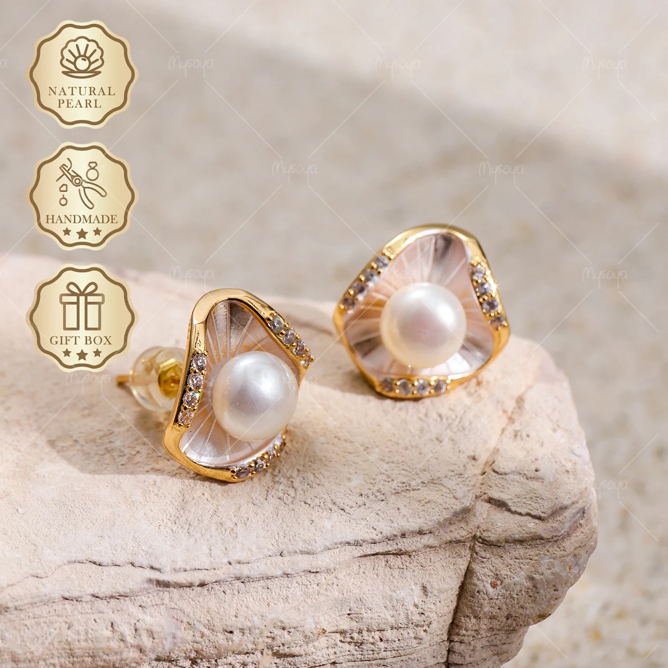 MYSOYA 6-7mm Gold Petal CZ Pearl Stud Earrings, Gift Box, Birthday & Mother's Day Jewelry S408
MYSOYA 6-7mm Gold Petal CZ Pearl Stud Earrings, Gift Box, Birthday & Mother's Day Jewelry S408