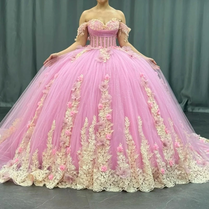 Pink Shiny Quinceanera Dresses Ball Gown Off The Shoulder Applique Lace Beads Tull Party Birthday Sweet 16 Vestidos 15 De Anos
Pink Shiny Quinceanera Dresses Ball Gown Off The Shoulder Applique Lace Beads Tull Party Birthday Sweet 16 Vestidos 15 De Anos
