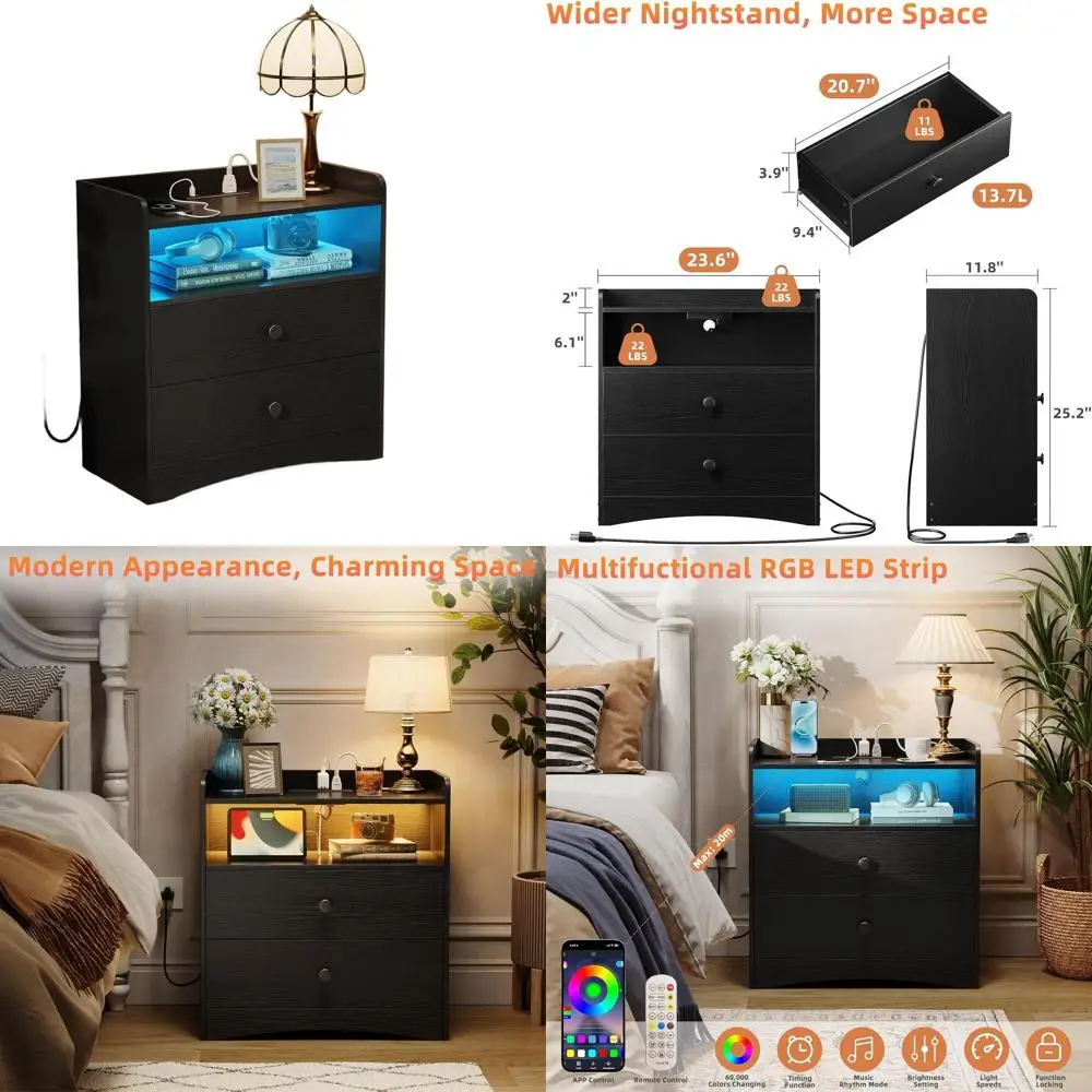 Contemporary Wooden Nightstand with USB Charging & LED Light, Compact Black Dresser for Small Bedrooms
Contemporary Wooden Nightstand with USB Charging & LED Light, Compact Black Dresser for Small Bedrooms