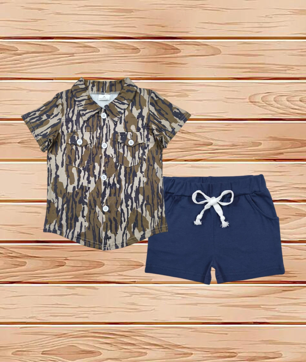 4.18 Wholesale hunting Western Boutique outfits Baby Boys Bottomland Camo Button Pockets Shirts Top Navy Cotton Shorts Sets
4.18 Wholesale hunting Western Boutique outfits Baby Boys Bottomland Camo Button Pockets Shirts Top Navy Cotton Shorts Sets