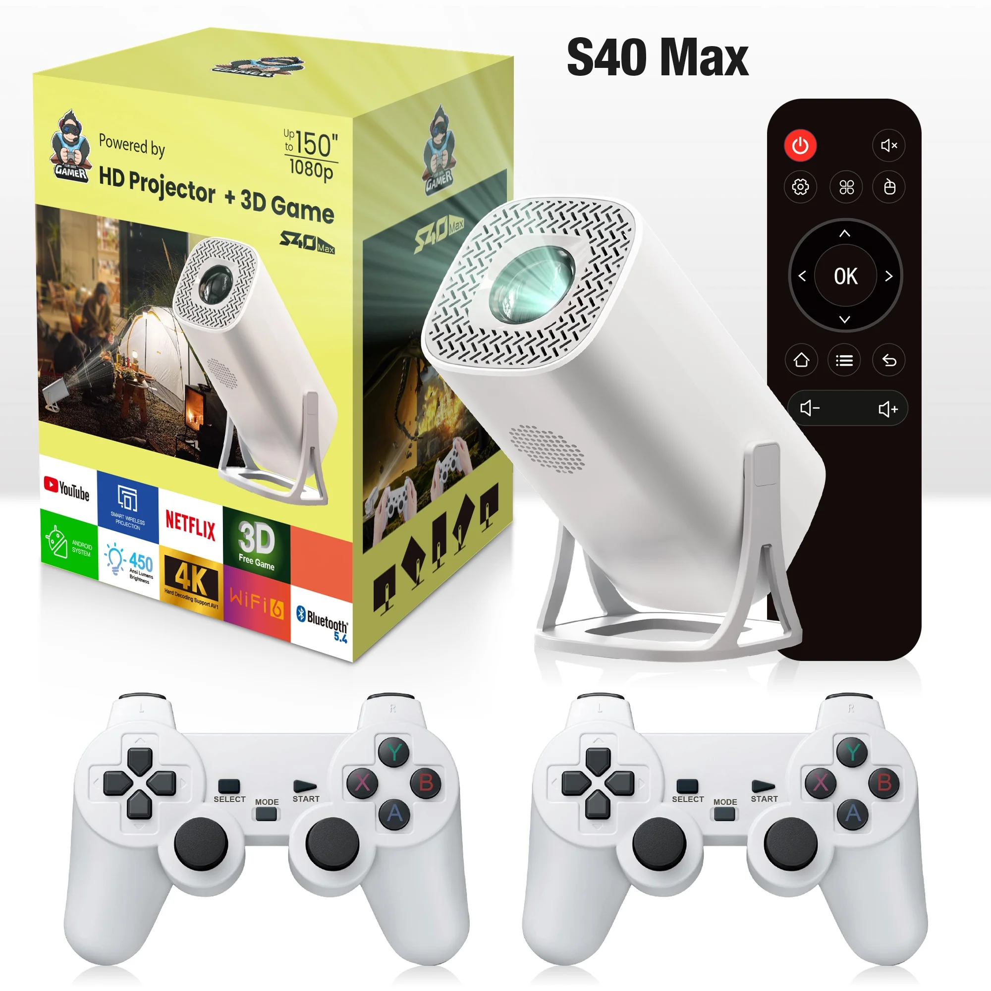 Salange S40MAX Game Projector Android 11 2.4G/5G WiFi6 BT5.4 Retro Game Console Support 4K Video With 2 Wireless Game Controller
Salange S40MAX Game Projector Android 11 2.4G/5G WiFi6 BT5.4 Retro Game Console Support 4K Video With 2 Wireless Game Controller