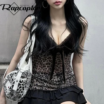 Rapcopter 레오파드 메쉬 크롭탑, 활 벨벳 패치워크, 시스루 미니 조끼, 그런지, 한국 빈티지 캐미솔, 레이스 프릴 탱크, y2k