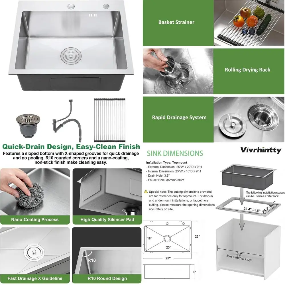 Глубокая одинарная кухонная мойка для установки в столешницу, 25x22, из нержавеющей стали с нанопокрытием и рабочей станцией
Глубокая одинарная кухонная мойка для установки в столешницу, 25x22, из нержавеющей стали с нанопокрытием и рабочей станцией
