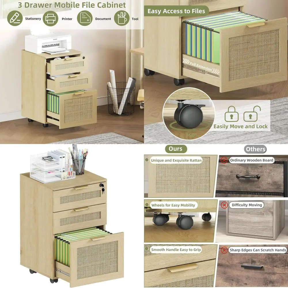 Secure 3-Drawer Rattan File Cabinet on Wheels, Compact A4/Letter/Legal Filing for Home Office in Oak Finish
Secure 3-Drawer Rattan File Cabinet on Wheels, Compact A4/Letter/Legal Filing for Home Office in Oak Finish
