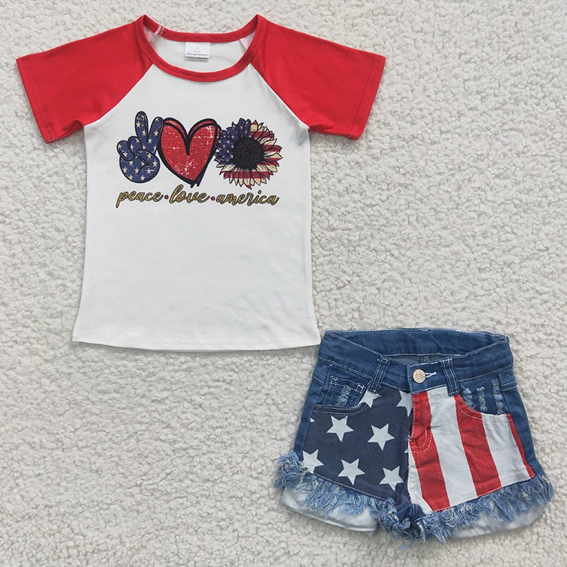 Wholesale Toddler July 4th Summer Red Short Sleeves Outfit Baby Girl Sunflower Top Star Striped Denim Shorts Children Kid Set
Wholesale Toddler July 4th Summer Red Short Sleeves Outfit Baby Girl Sunflower Top Star Striped Denim Shorts Children Kid Set