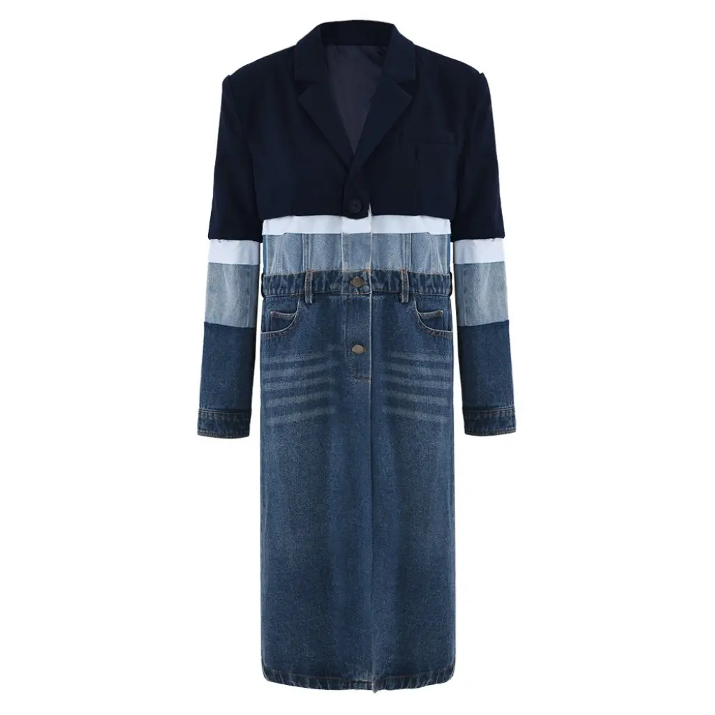Women's European American Style Temperament Wool Stitching Denim Trench Coat Mid-Length Winter Fashion Contrast Color Design 
Women's European American Style Temperament Wool Stitching Denim Trench Coat Mid-Length Winter Fashion Contrast Color Design