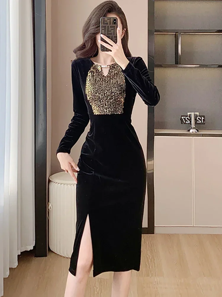 2024 Black Velvet Patchwork Sequins Chic Dress Women Elegant Festival Long Dress Gown Autumn Winter Korean Luxury Evening Dress
2024 Black Velvet Patchwork Sequins Chic Dress Women Elegant Festival Long Dress Gown Autumn Winter Korean Luxury Evening Dress