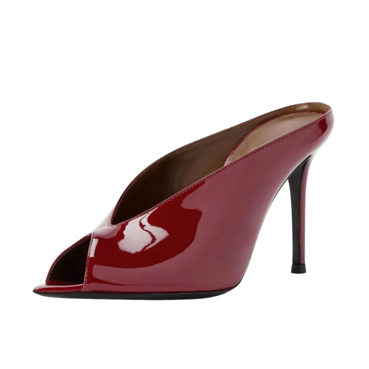 Arden Furtado Summer Burgundy Patent Leather Peep toe Slippers Pointed toe pull-on Super high heel Word slippers Outdoor wear
Arden Furtado Summer Burgundy Patent Leather Peep toe Slippers Pointed toe pull-on Super high heel Word slippers Outdoor wear