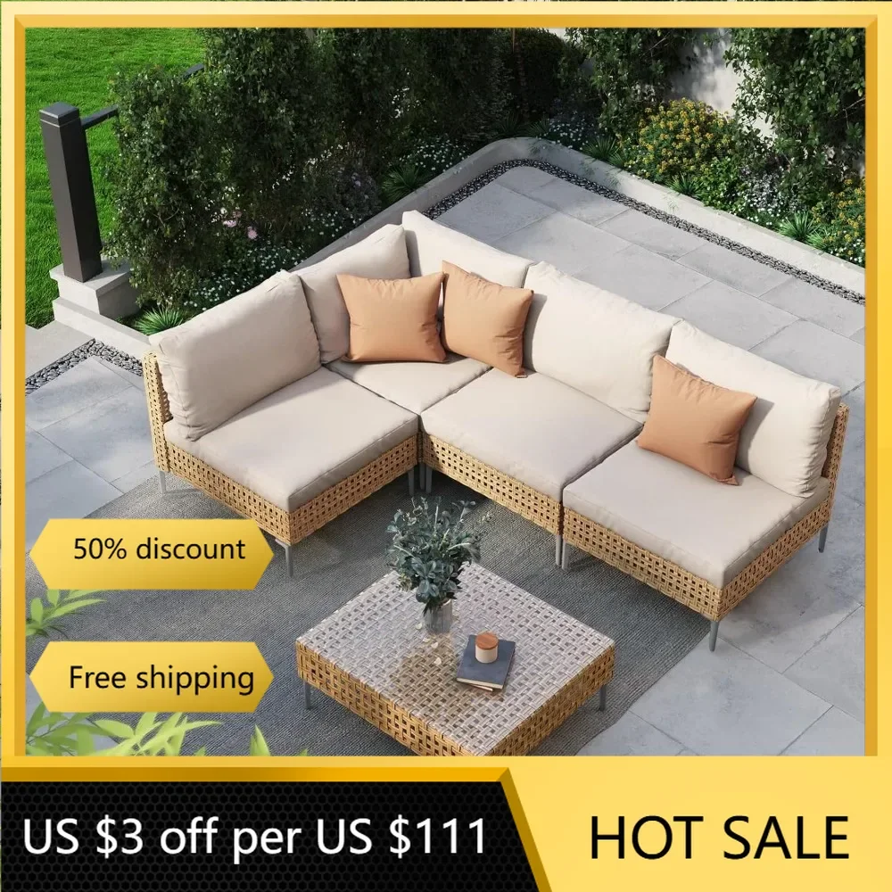 5-Piece Wicker Patio Furniture Set, Boho Outdoor Conversation Set Sectional Sofa with Water Resistant Beige Thick Cushions
5-Piece Wicker Patio Furniture Set, Boho Outdoor Conversation Set Sectional Sofa with Water Resistant Beige Thick Cushions