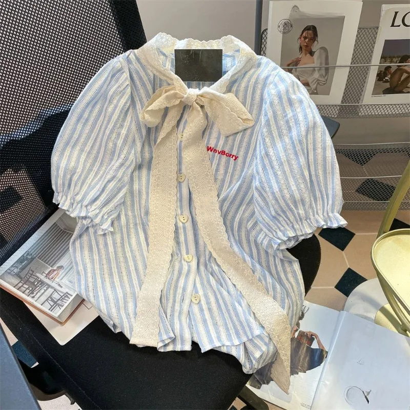 EBAIHUI French Lace Bow Women's Striped Shirt Korean Minimalist Bubble Sleeves Lady Short Sleeved Summer Contrasting Fashion Top
EBAIHUI French Lace Bow Women's Striped Shirt Korean Minimalist Bubble Sleeves Lady Short Sleeved Summer Contrasting Fashion Top
