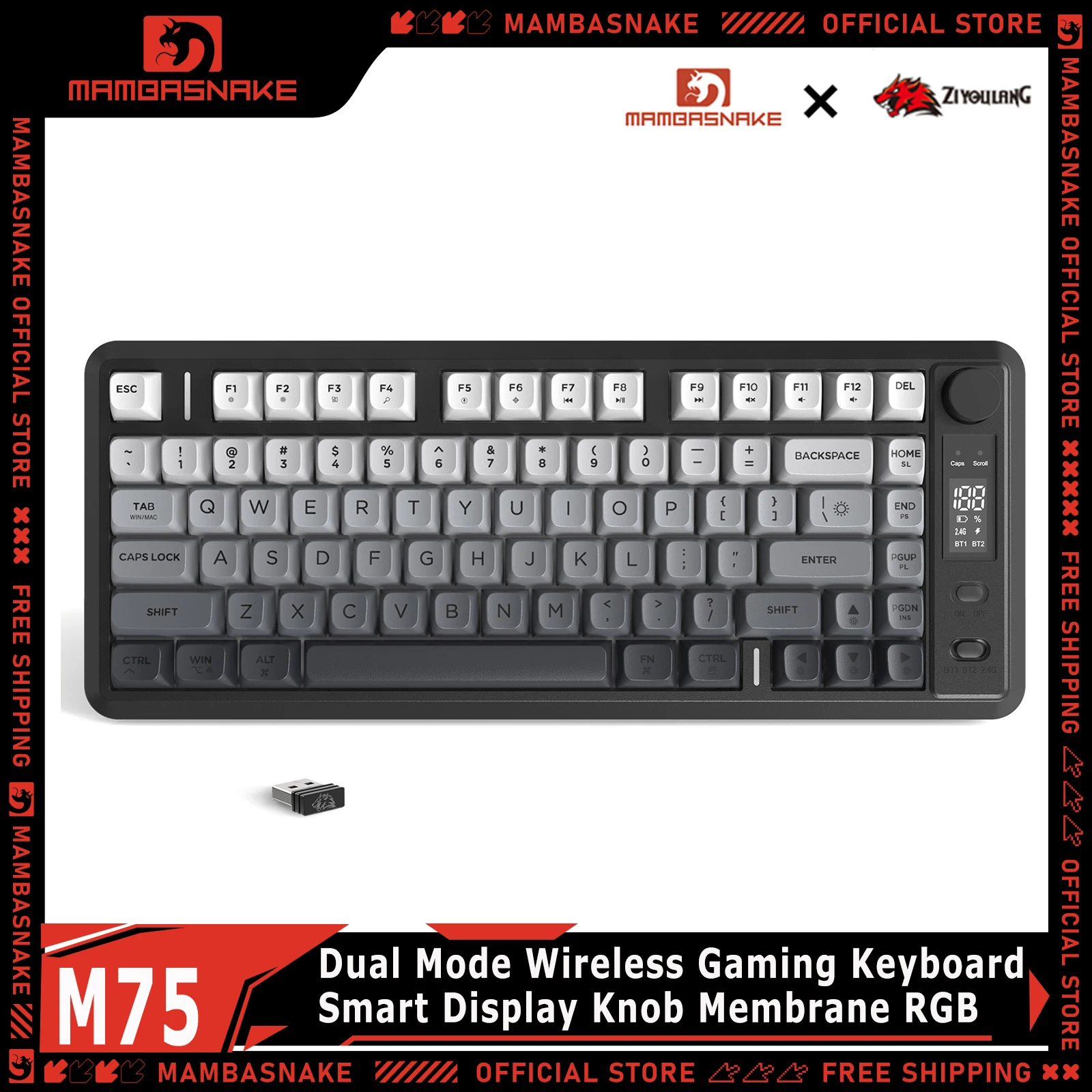 MAMBASNAKE x ZIYOULANG M75 Dual Mode 82 Keys 2.4G Wireless Gaming Membrane Keyboard RGB Backlit with Smart Display Knob For PC
MAMBASNAKE x ZIYOULANG M75 Dual Mode 82 Keys 2.4G Wireless Gaming Membrane Keyboard RGB Backlit with Smart Display Knob For PC