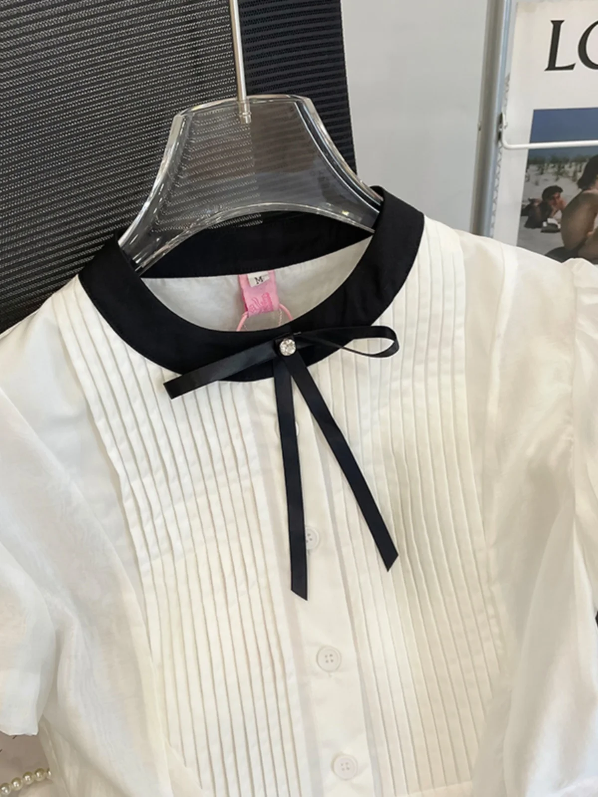 New bow color blocked short sleeved shirt versatile slim fit pleated short top
New bow color blocked short sleeved shirt versatile slim fit pleated short top