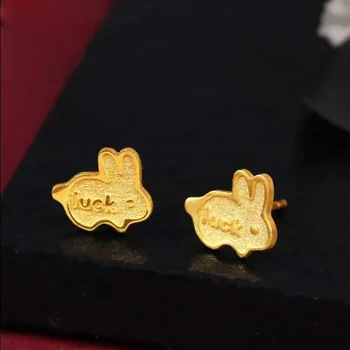 여성용 행운의 토끼 스터드 귀걸이, 순수 24K 옐로우 골드 귀걸이, 999 골드