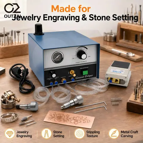 Máquina de grabado neumática de doble cabezal de 110V, herramienta auxiliar de grabado con dos piezas de mano y control de pedal, herramienta de tallado de precisión de 100-4000 RPM para engaste de piedras y microincrustaciones en joyería, equipo de herramientas de joyería, grabador neumático para joyería.