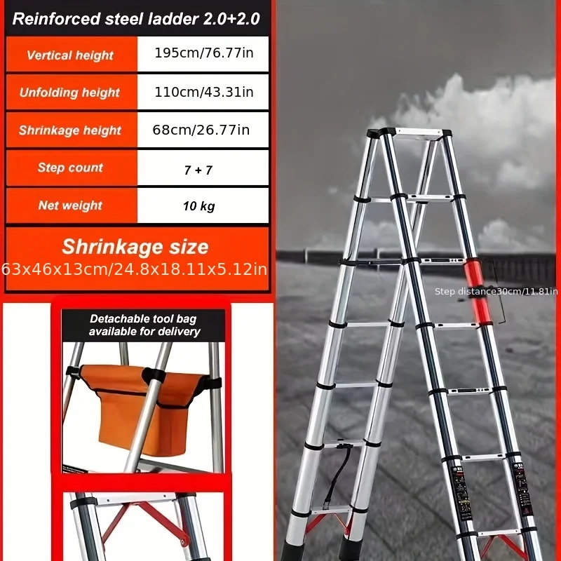 A 6.5-foot 7-step Telescoping Ladder, A Walkable Telescoping A-frame Ladder, A Household Folding Ladder, An Outdoor Work Multi-purpose Portable Folding Ladder, Anti-shake And Anti-slip, Each Step Can Bear 330 Pounds.
A 6.5-foot 7-step Telescoping Ladder, A Walkable Telescoping A-frame Ladder, A Household Folding Ladder, An Outdoor Work Multi-purpose Portable Folding Ladder, Anti-shake And Anti-slip, Each Step Can Bear 330 Pounds.