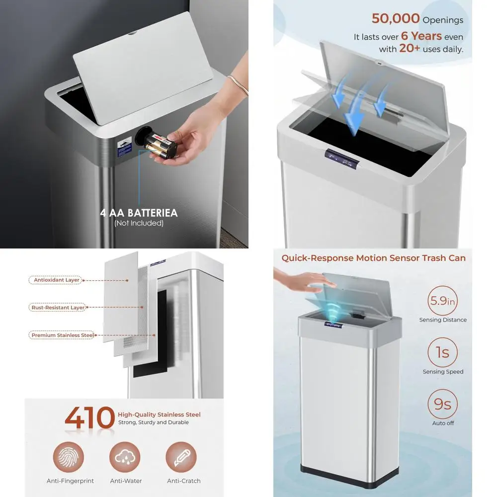 60L Silver Motion Sensor Trash Can with Automatic Lid, Bag Holder for Kitchen, Office, RV, and Home
60L Silver Motion Sensor Trash Can with Automatic Lid, Bag Holder for Kitchen, Office, RV, and Home