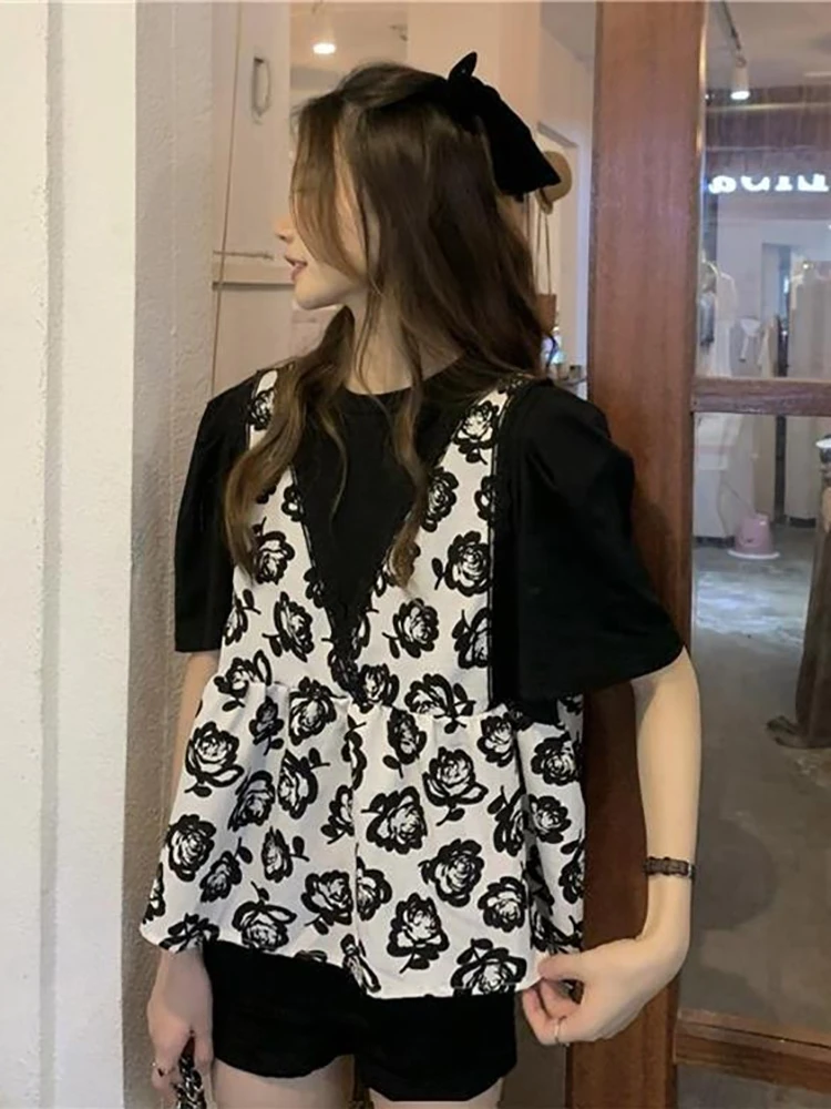 Loose Lace Patchwork ort Sve Women's irt Sweet Floral Print Two-Piece Look Fat MM Extra Large Size Casual Top
Loose Lace Patchwork ort Sve Women's irt Sweet Floral Print Two-Piece Look Fat MM Extra Large Size Casual Top