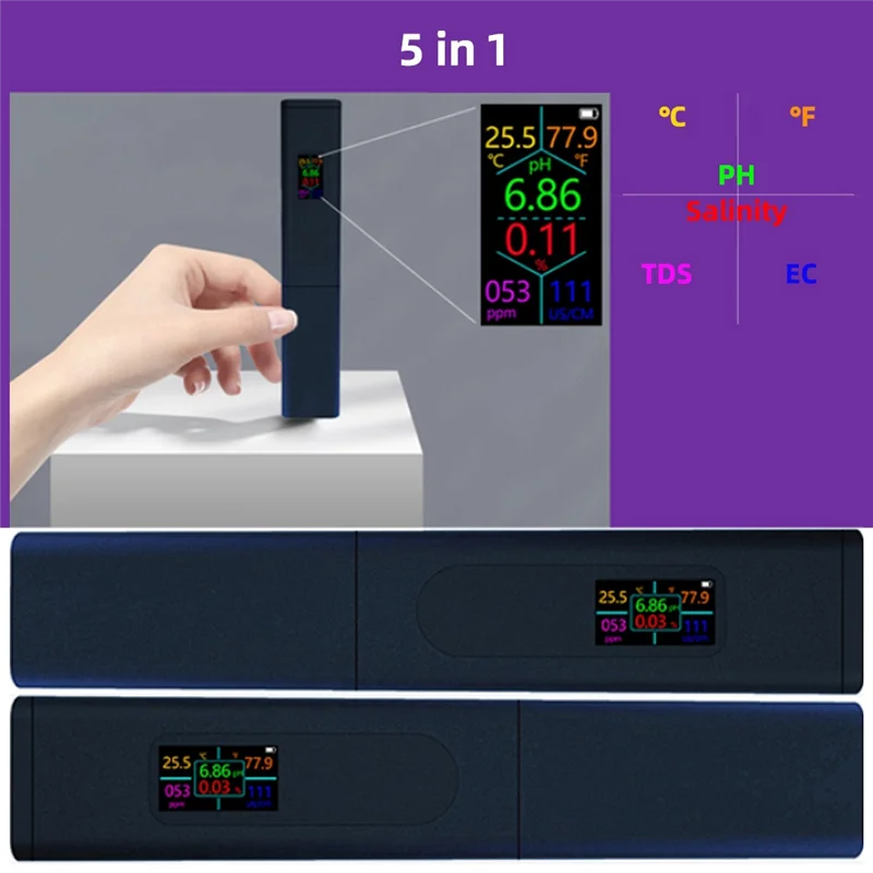 SYW-5-In-1 Salinity Digital Tester,Rechargeable Multifunctional High Accuracy Water Temperature ℃/℉/PH/Salinity/TDS/EC Meter Bla
SYW-5-In-1 Salinity Digital Tester,Rechargeable Multifunctional High Accuracy Water Temperature ℃/℉/PH/Salinity/TDS/EC Meter Bla