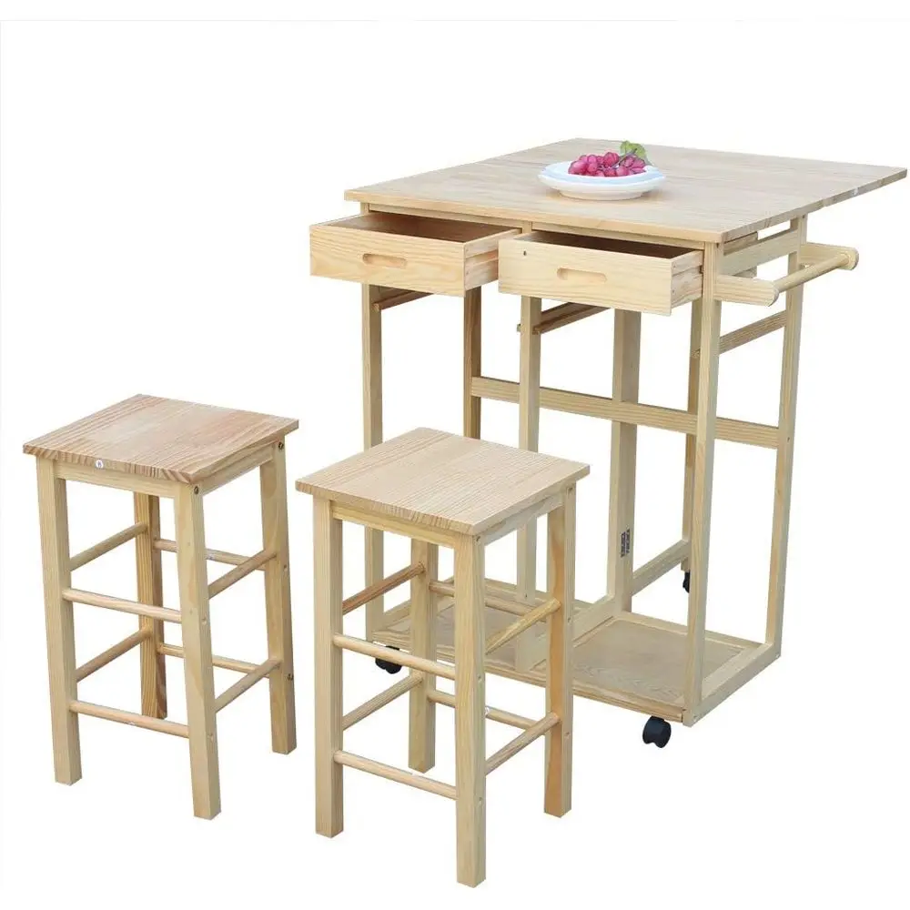 3-Piece Solid Wood Kitchen Cart with 2 Stools, Natural Finish, Expandable Table, Rolling Wheels, Storage for Dining and Kitchen
3-Piece Solid Wood Kitchen Cart with 2 Stools, Natural Finish, Expandable Table, Rolling Wheels, Storage for Dining and Kitchen