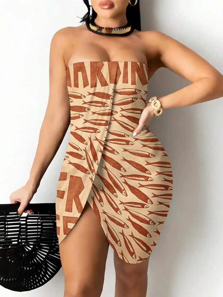 Strapless Tube Mini Dress Beige Brown Sardine Letter Print Irregular Slit Bodycon For Beach Party Summer
Strapless Tube Mini Dress Beige Brown Sardine Letter Print Irregular Slit Bodycon For Beach Party Summer