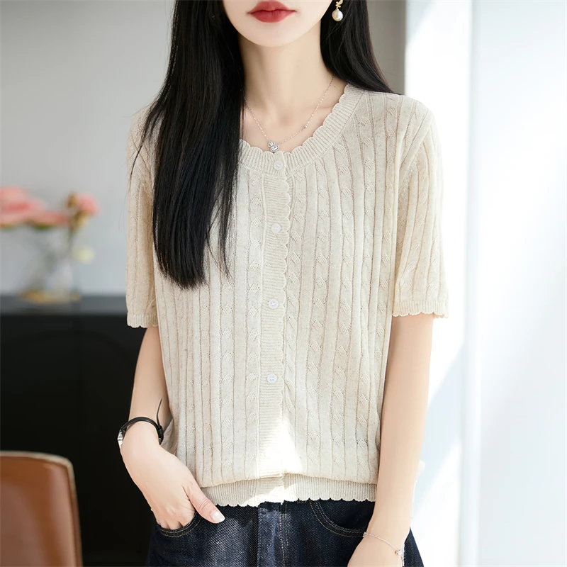 Loose fit pearl linen knitted cardigan short sleeved round neck twisted flower solid color multifunctional women's top for summe
Loose fit pearl linen knitted cardigan short sleeved round neck twisted flower solid color multifunctional women's top for summe
