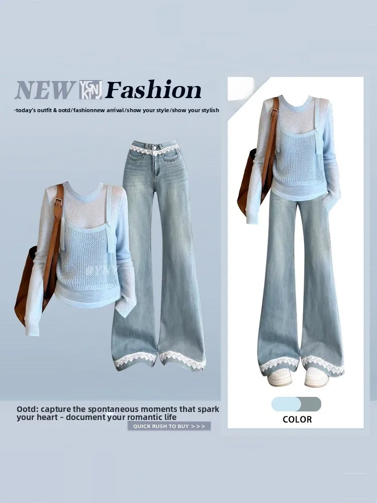 Korean Unique Design round Neck Lace Splicing High Waist Slimming Spring Summer Women's Fashion Set T-shirt And Jeans
Korean Unique Design round Neck Lace Splicing High Waist Slimming Spring Summer Women's Fashion Set T-shirt And Jeans