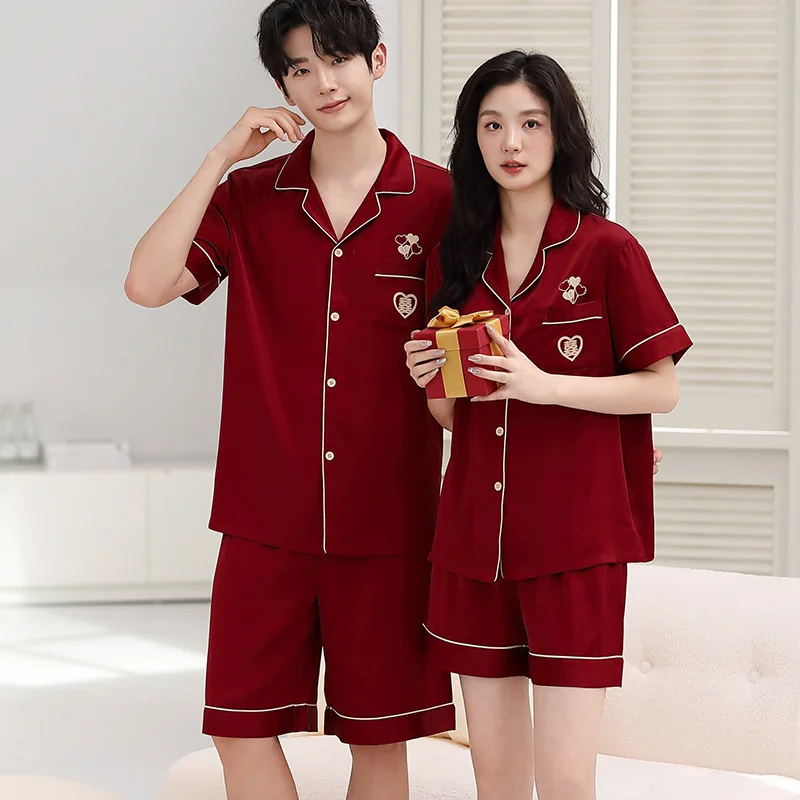 Couples Summer Ice Silk Cool Feeling Short Sleeve Home Clothes Set Women Men's Red Cardigan Sleepwear Pajamas Wedding Loungewear
Couples Summer Ice Silk Cool Feeling Short Sleeve Home Clothes Set Women Men's Red Cardigan Sleepwear Pajamas Wedding Loungewear