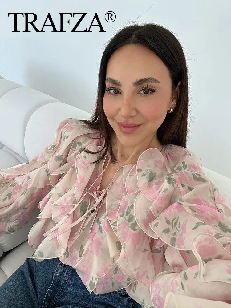 TRAFZA Women's Elegant Floral Printed Blouses Long Sleeves Lace-up Round Neck Cascading Ruffle Edges Summer Fashion Shirts
TRAFZA Women's Elegant Floral Printed Blouses Long Sleeves Lace-up Round Neck Cascading Ruffle Edges Summer Fashion Shirts