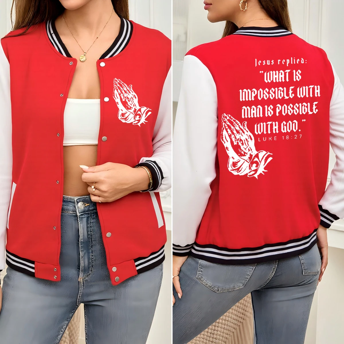 Jesus Pray By Hand Print Baseball Uniform Womens Colorful Loose American Jackets Cotton Soft Sportswear Autumn Street Clothes
Jesus Pray By Hand Print Baseball Uniform Womens Colorful Loose American Jackets Cotton Soft Sportswear Autumn Street Clothes