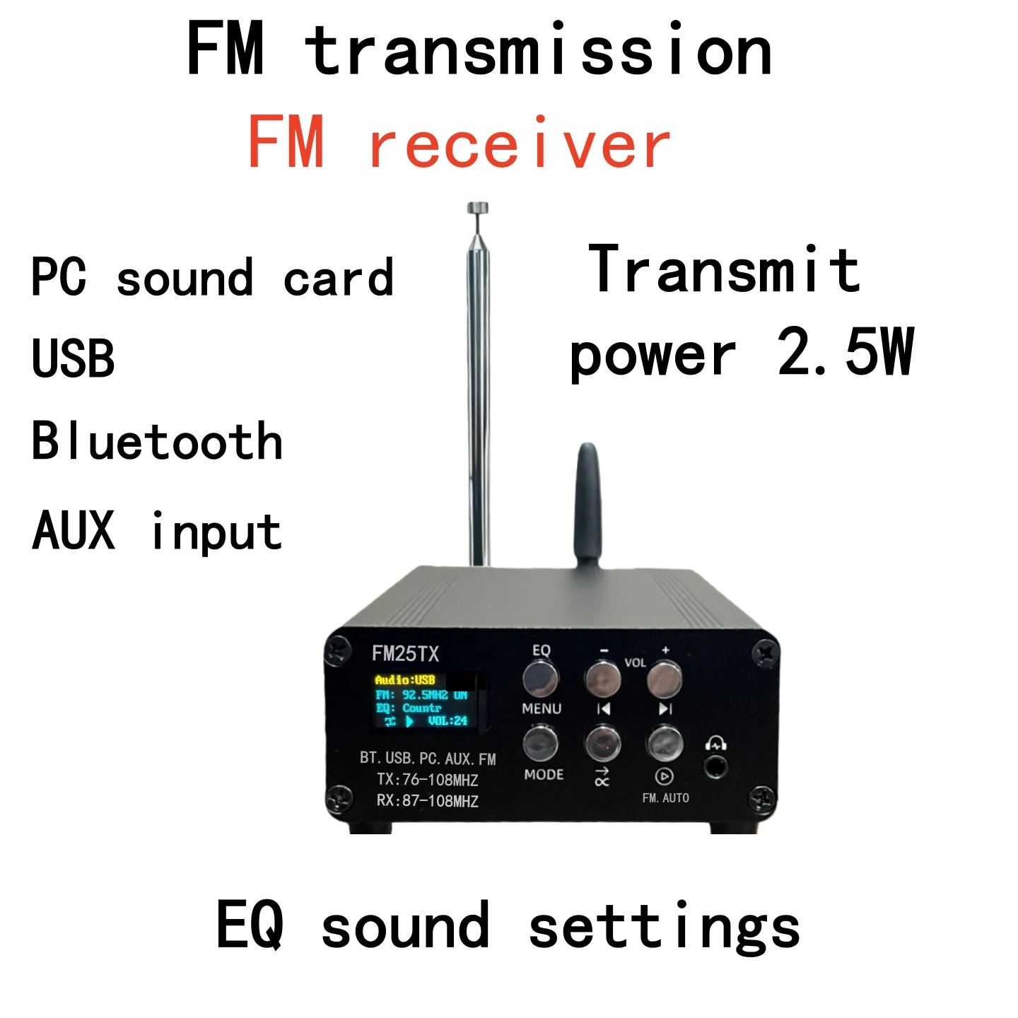 2.5W FM Wireless Transmitter | Bluetooth & Audio Input | PC Sound Card Function | FM Radio Compatible
2.5W FM Wireless Transmitter | Bluetooth & Audio Input | PC Sound Card Function | FM Radio Compatible
